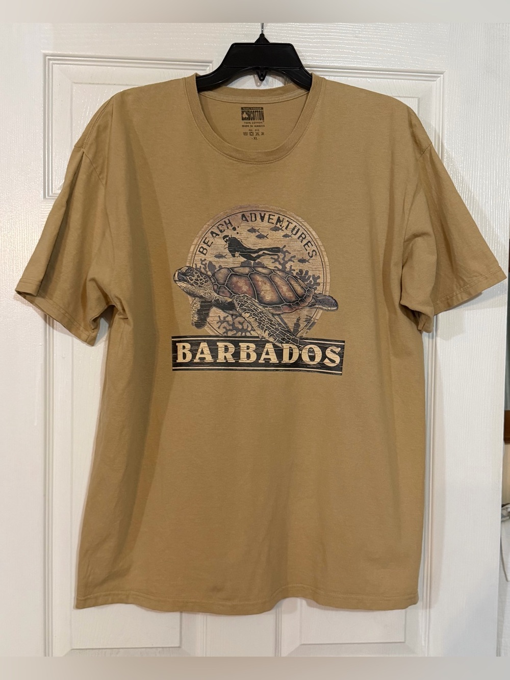 Mens XL Tan Barbados Beach Turtles Graphic T Shirt 100% Cotton Sun Island